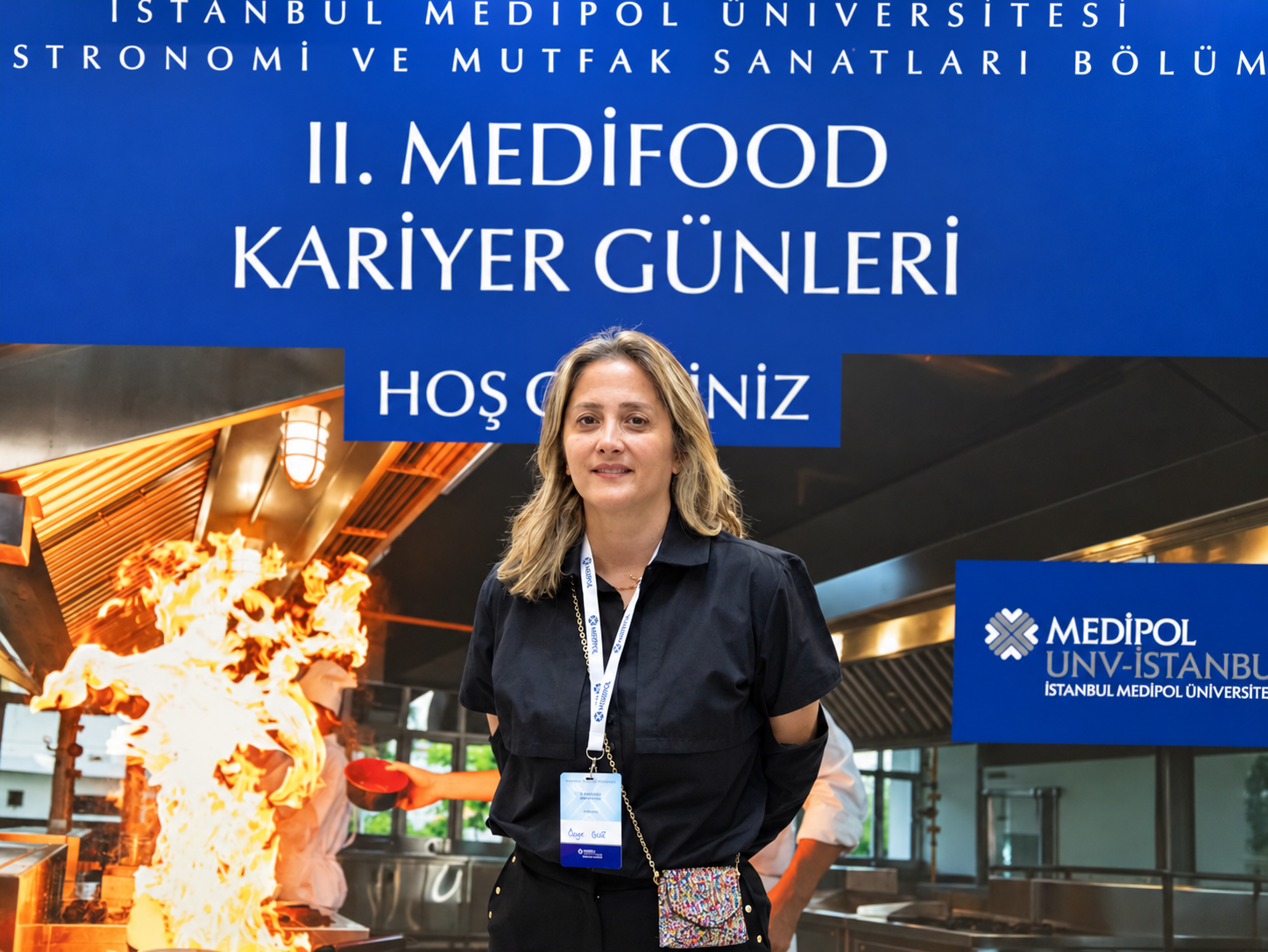 Woman with badge at turkish venue